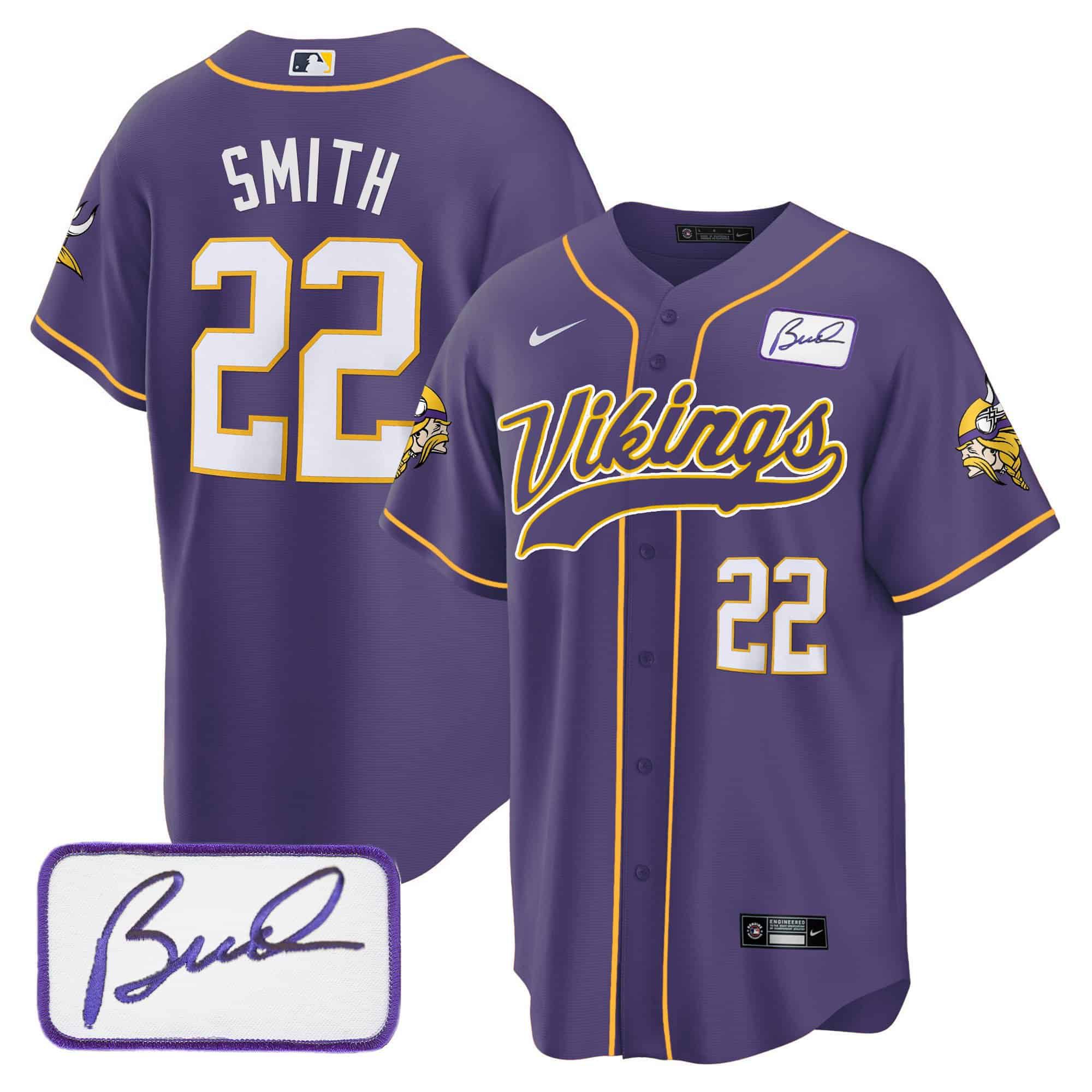 Men Minnesota Vikings #22 Smith Purple 2024 Nike Bud Grant Patch Classic Baseball NFL Jersey style 1->nfl t-shirts->Sports Accessory